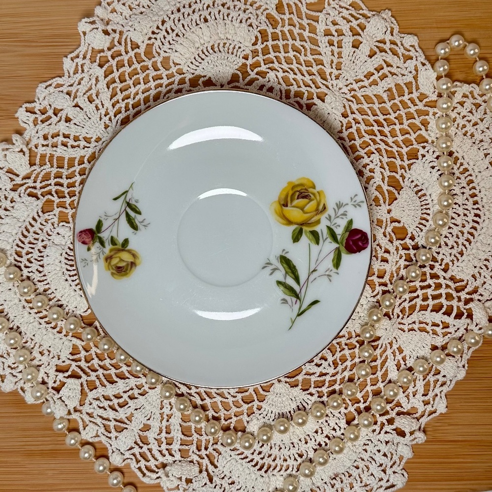✨ 5 for $25 DEAL! ✨ Vintage Floral Bone China Saucer Yellow & Red Roses Gold Rim